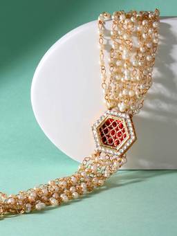 Zaveri Pearls - Red Center Piece Multistrand Pearls Ethnic Bracelet-ZPFK14405