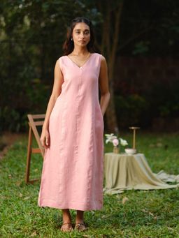 Creatures of Habit - Linen V Neck Midi Dress - Vintage Pink