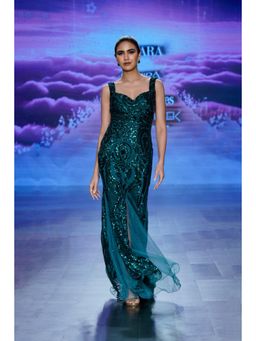 NIYARA INDIA - Shubhra Emerald Green Hand-Embroidered Sequin Gown