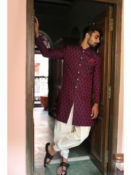 KISAH - Men Purple Textured Silk Blend Indowestern Sherwani Dhoti Set with Zari Design