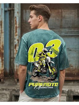 Bewakoof - Men's Dark Sea Green Pure Moto Graphic Printed Oversized Acid Wash T-shirt