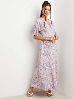 Styli - Lavender V Neck Floral Print A-line Maxi Dress