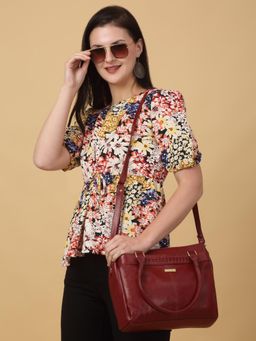 Teakwood - Women Red Leather Handbag with Detachable Strap