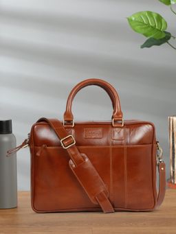 Teakwood - Unisex Tan Solid Leather Messenger Bag with Detachable Strap