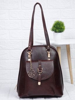 Teakwood - Women Maroon Leather Textured Backpack