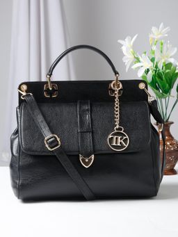 Teakwood - Women Black Leather Handbag with Detachable Strap
