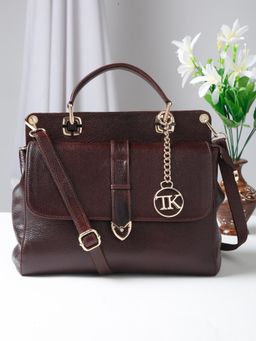 Teakwood - Women Maroon Leather Handbag with Detachable Strap