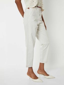 max - Cream Solid Cotton Blend Regular Trouser