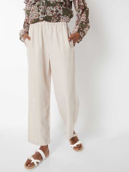max - Cream Solid Polyester Regular Trouser