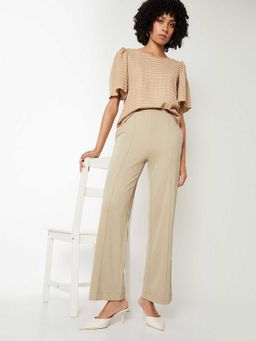 max - Cream Solid Cotton Blend Regular Trouser