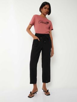 max - Black Solid Viscose Blend Regular Trouser