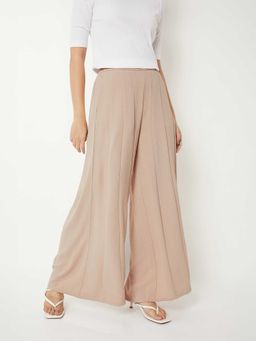 max - Beige Solid Polyester Flared Trouser
