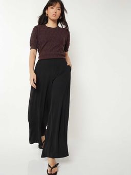 max - Black Solid Polyester Flared Trouser