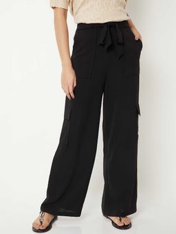 max - Black Solid Polyester Wide Trouser with Belt