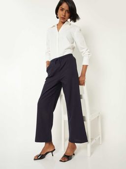 max - Navy Blue Solid Viscose Blend Regular Trouser