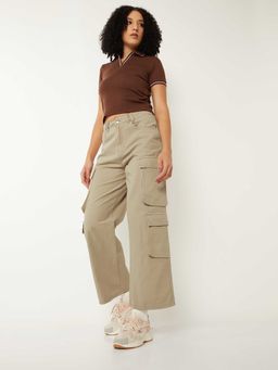 max - Beige Solid Pure Cotton Regular Trouser