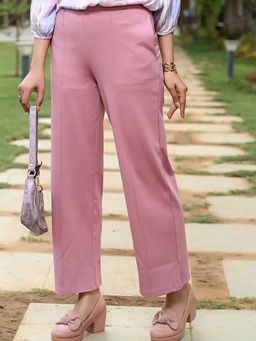 MLADA - Pink Solid Cotton Lycra Regular Trouser