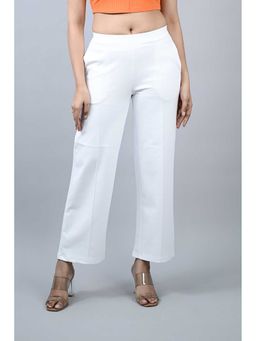 MLADA - White Solid Cotton Lycra Regular Trouser