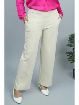 MLADA - Cream Solid Cotton Lycra Regular Trouser