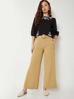max - Beige Solid Polyester Regular Trouser