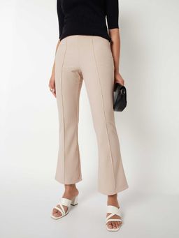max - Beige Solid Cotton Blend Flared Trouser