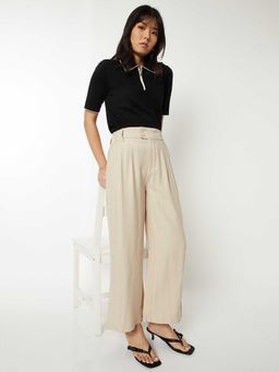 max - Beige Solid Cotton Blend Regular Trouser