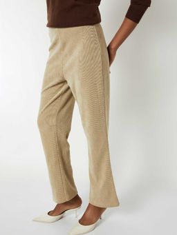 max - Beige Textured Cotton Blend Flared Trouser