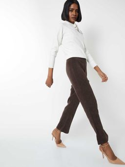 max - Brown Textured Cotton Blend Flared Trouser