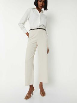 max - Cream Solid Cotton Blend Regular Trouser