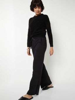 max - Black Self Design Cotton Blend Wide Trouser