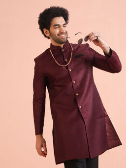 KISAH - Men Maroon Textured Silk Blend Jacquard Indowestern Sherwani Trouser Set with Zari Design