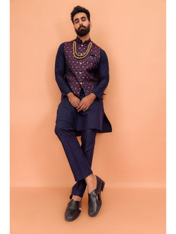 KISAH - Men Maroon Textured Silk Blend Jacquard Kurta Jacket Trouser Set with Ethnic Motifs