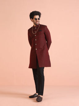 KISAH - Men Maroon Textured Silk Blend Jacquard Indowestern Sherwani Trouser Set with Zari Design