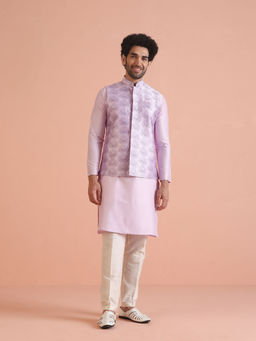 KISAH - Men Lilac Embroidery Silk Blend Kurta Jacket Trouser Set with Floral Design