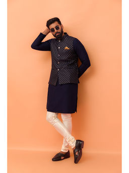 KISAH - Men Navy Blue Embellished Silk Blend Jacquard Kurta Jacket Churidar Set with Ethnic Motifs