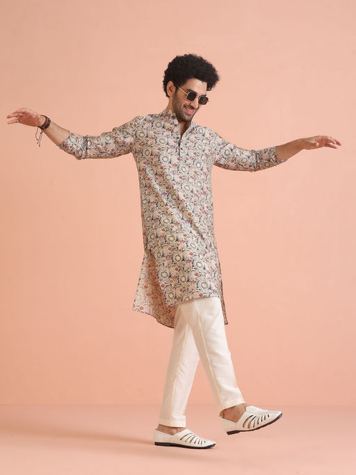 KISAH Men White Printed Kurta Trousers