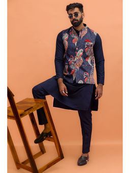 KISAH - Men Navy Blue Printed Cotton Blend Kurta Jacket Trouser Set with Paisley Design