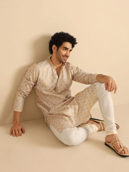 KISAH - Men Beige & Gold Foil Printed Cotton Blend Kurta with Zari Design