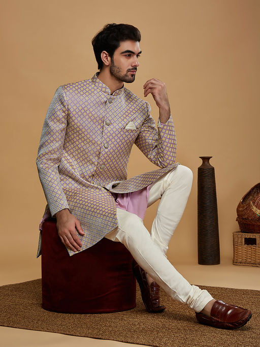 KISAH Men Lilac Textured Silk Blend Kurta Indowestern Sherwani Churidar Set with Abstract Print