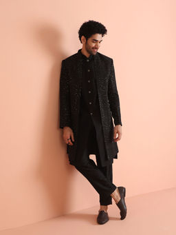KISAH - Black Embellished Long Jacket with Sherwani and Trouser (Set of 3)