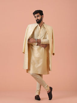 KISAH - Cream Kurta with Sherwani and Churidar (Set of 3)