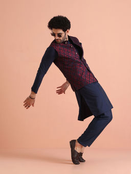 KISAH - Navy Blue Silk Blend Woven Design Kurta with Jacket & Trouser (Set of 3)