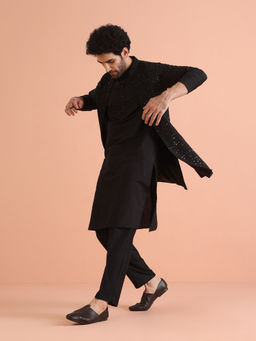 KISAH - Black Cotton Blend Embroidered Kurta with Jacket & Trouser (Set of 3)