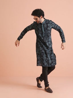 KISAH - Black Cotton Blend Printed Kurta with Churidar (Set of 2)