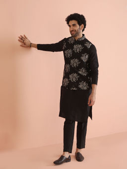 KISAH - Black Cotton Blend Embroidered Kurta with Jacket & Trouser (Set of 3)
