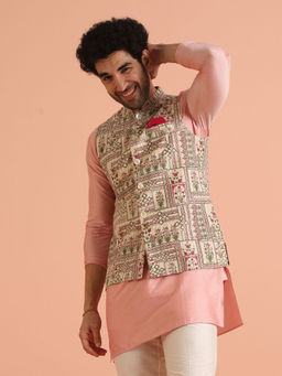 KISAH - Men Pink Floral Kurta with Pant and Nehru Jacket (Set of 3)