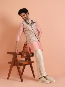 KISAH - Men Pink Woven Design Floral Kurta with Pant and Nehru Jacket (Set of 3)