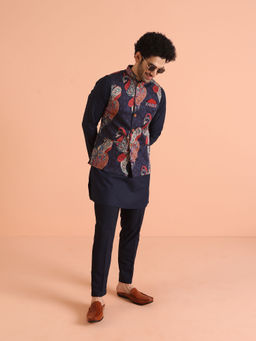 KISAH - Men Navy Blue Printed Paisley Kurta with Pant and Nehru Jacket (Set of 3)