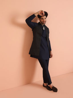 KISAH - Men Navy Blue Woven Design Ethnic Motifs Kurta with Pant and Nehru Jacket (Set of 3)