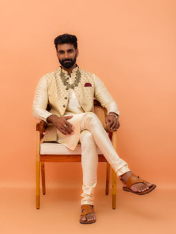 KISAH - Beige Solid Kurta with Jacket and Churidar (Set of 3)